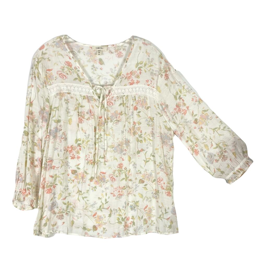 NWOT COMO BLU Top XL Pink Ivory Floral Crochet Bow Toe Balloon Pleated Long-Slv
